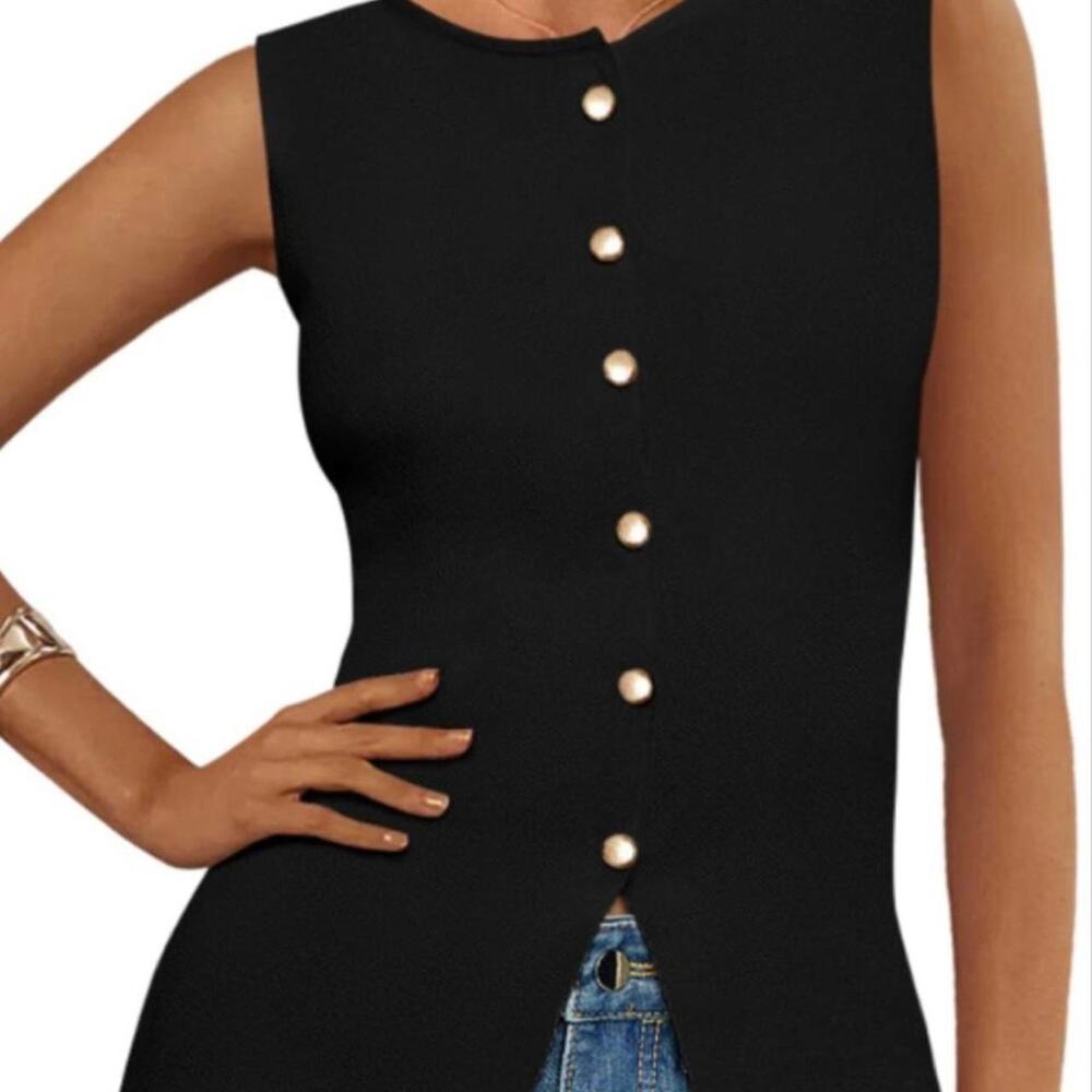 Pretty garden black knit vest with gold buttons